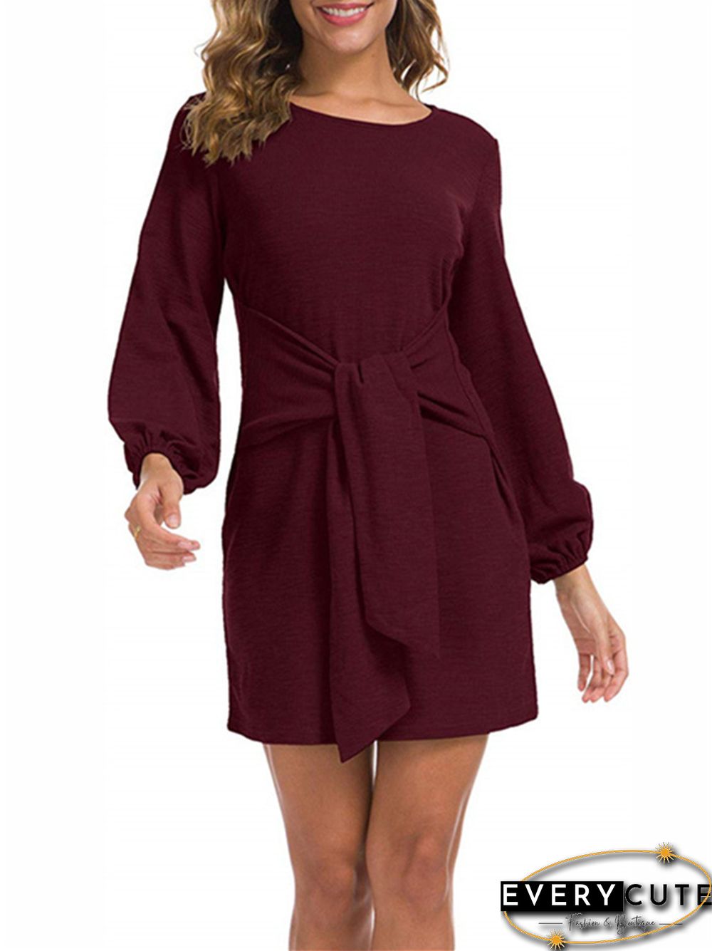 New Women's Waist Long Sleeve Strap Solid Color Dress