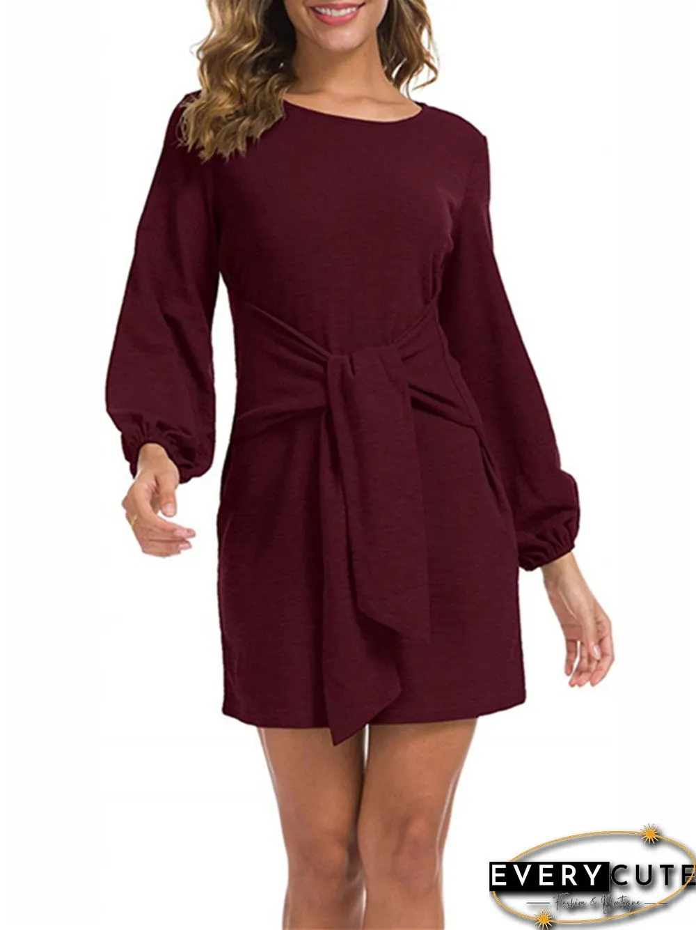New Women's Waist Long Sleeve Strap Solid Color Dress