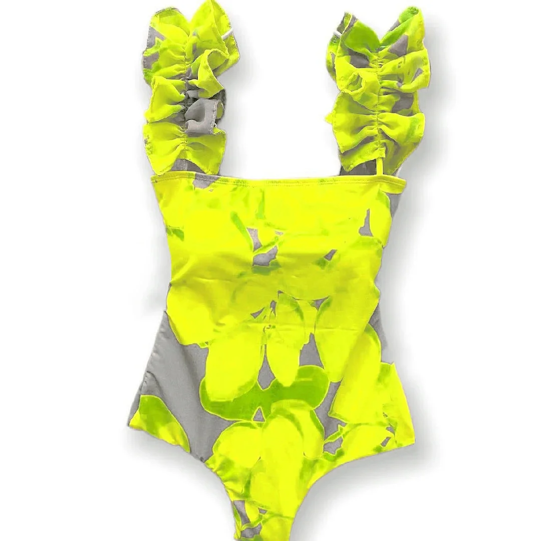 Huiketi Bathing Suit Ruffle Strap Biquinis Feminino 2024 Swimwear Yellow Print Swimsuit Brazilian Bikini Set Mujer Beach Wear