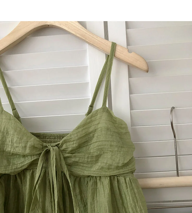 Wongn Summer New Korean Style Sweet Crop Tops All-Match Bow Tie Sleeveless Short Mesh Outer Wear Spaghetti-Strap Camisole Top 703-1