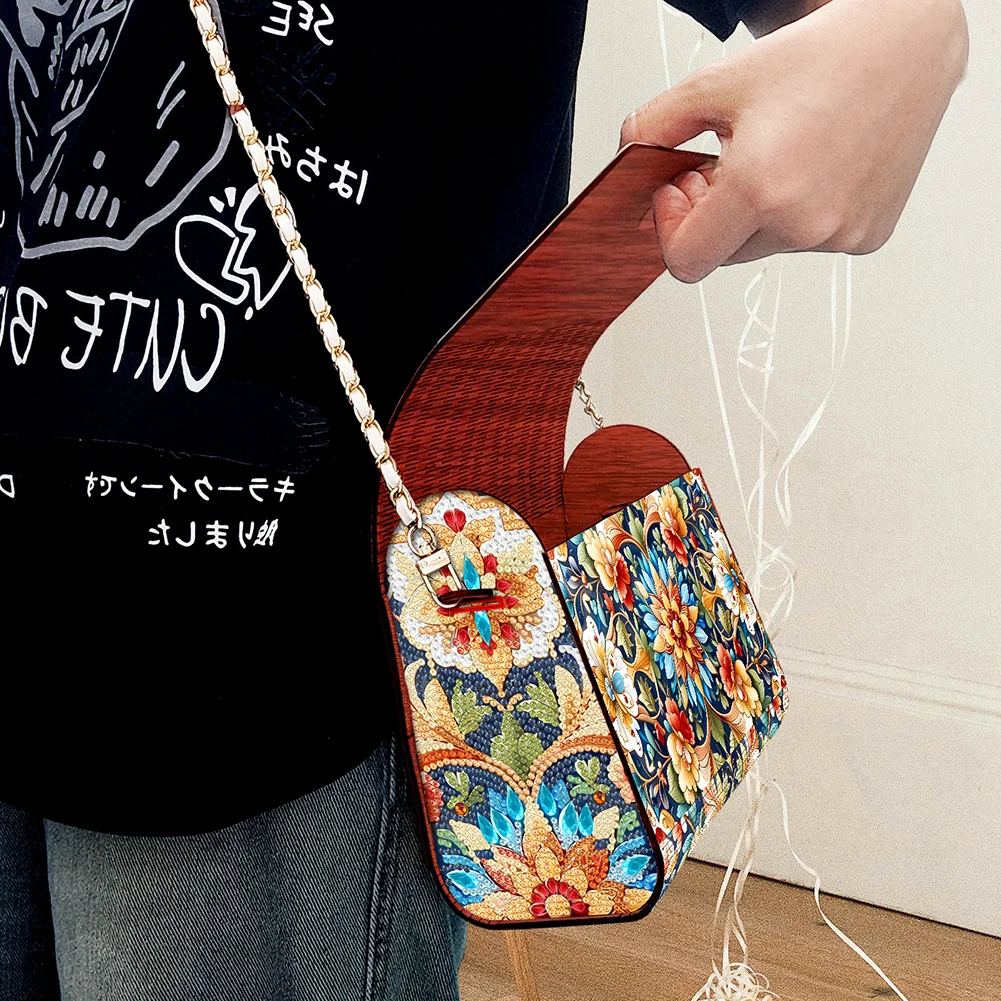 DIY Flowers Diamond Art Wooden Coin Pouch with Chain 5D Diamond Painting Purse