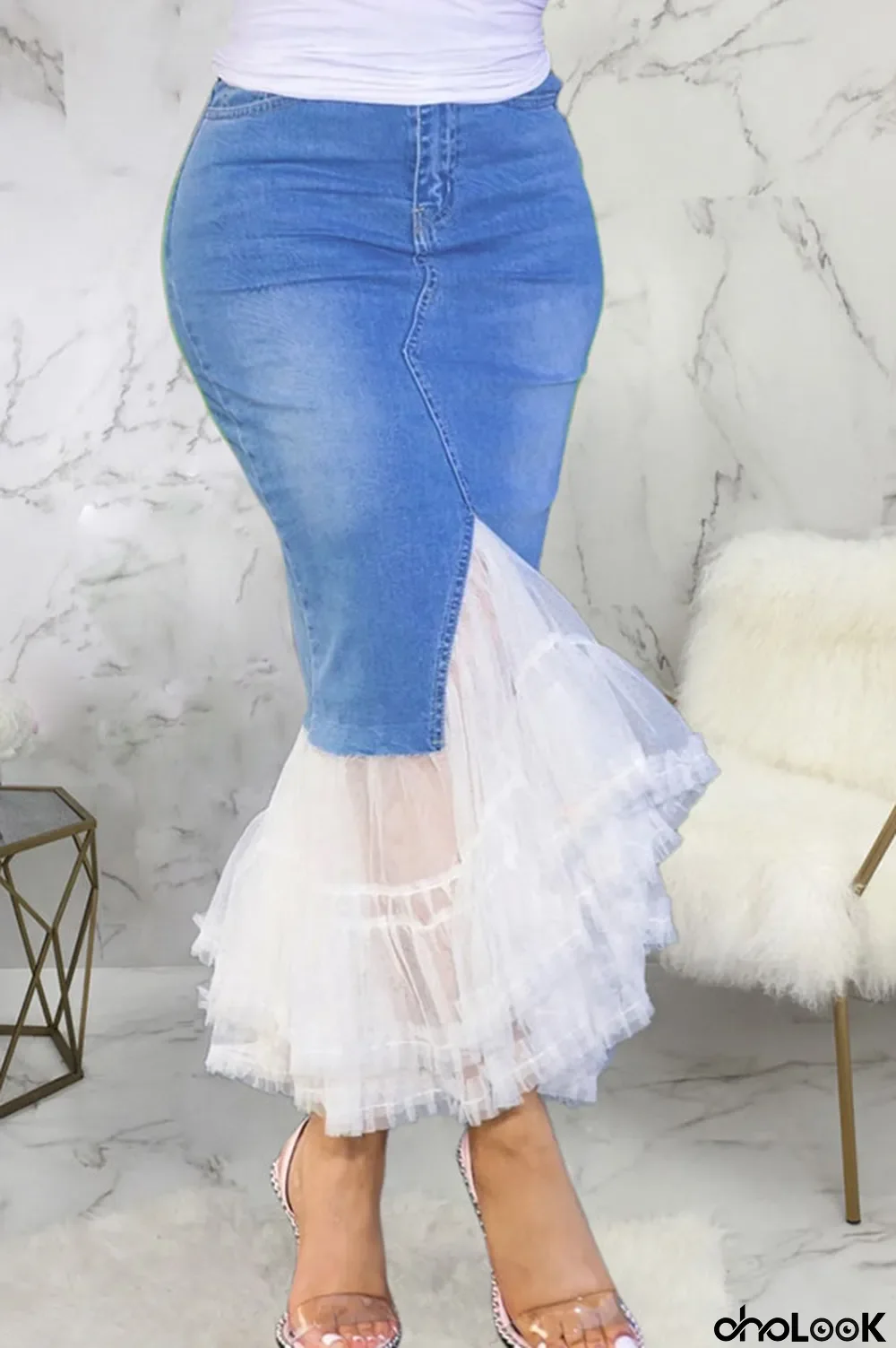 Blue Denim Button Fly Sleeveless Mid Patchwork Solid Split Mesh A-line skirt Pants Bottoms