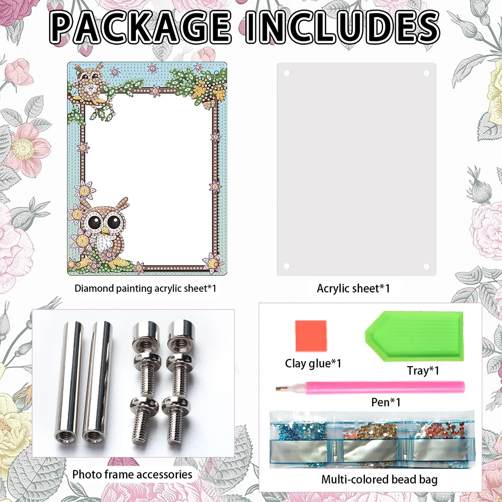 5D DIY Owl Floral Special Shape Diamond Painting Photo Frame Home Decor
