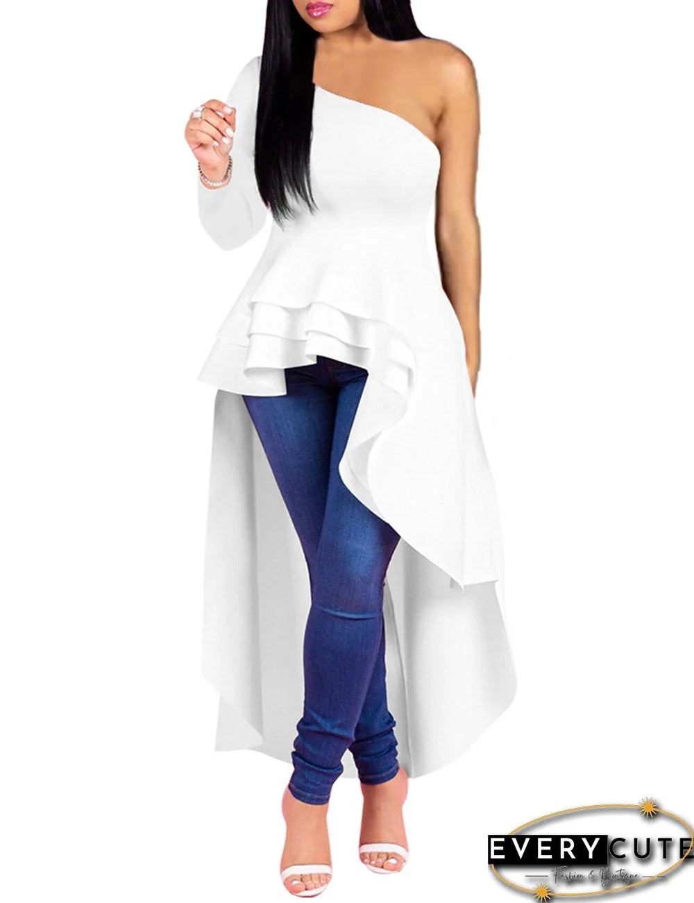 White One Shoulder Layered High Low Evening Dress