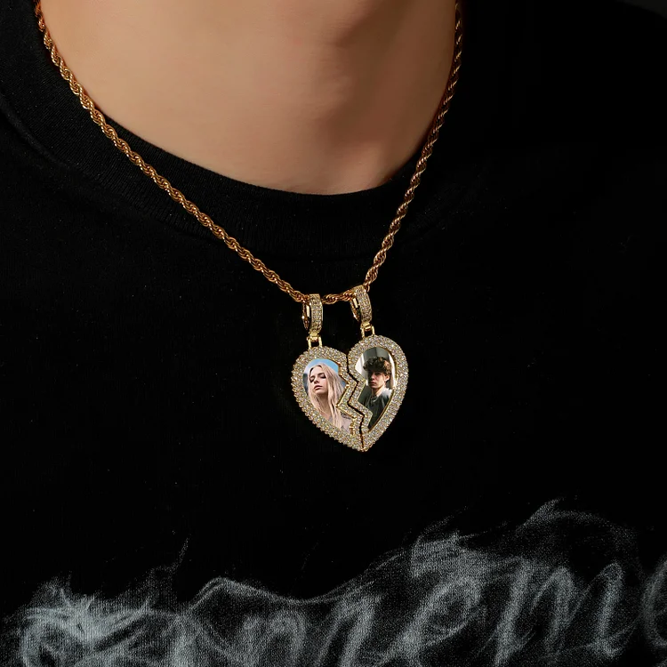Custom Photos Iced Out Broken Heart Magnetic Frame Pendant Hiphop Necklace-VESSFUL