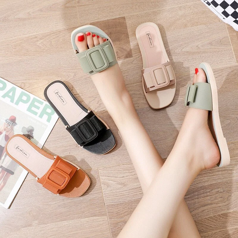 Women Slippers Flat Shoes Ladies Square Fashion Buckle Comfortable Beach Outdoor Slides Summer New Slip-on Soft Woman Sandals