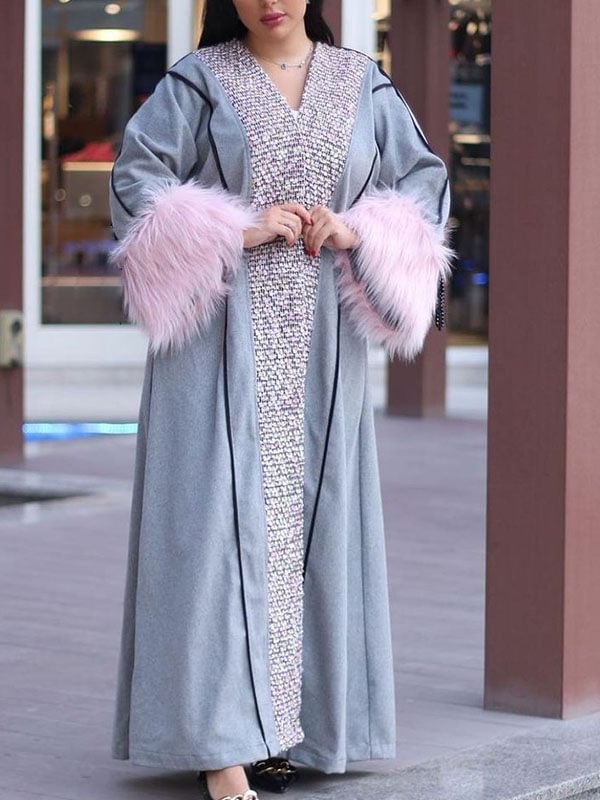 Gray loose pink fur decorated cardigan