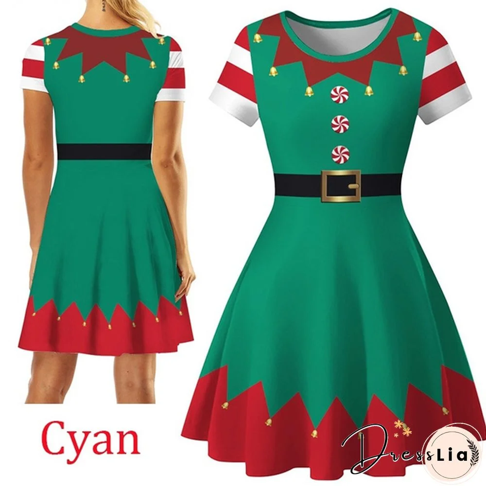Christmas Deer Elk Snowman Print Short Sleeve Dress Xmas Santa Claus Women Dress