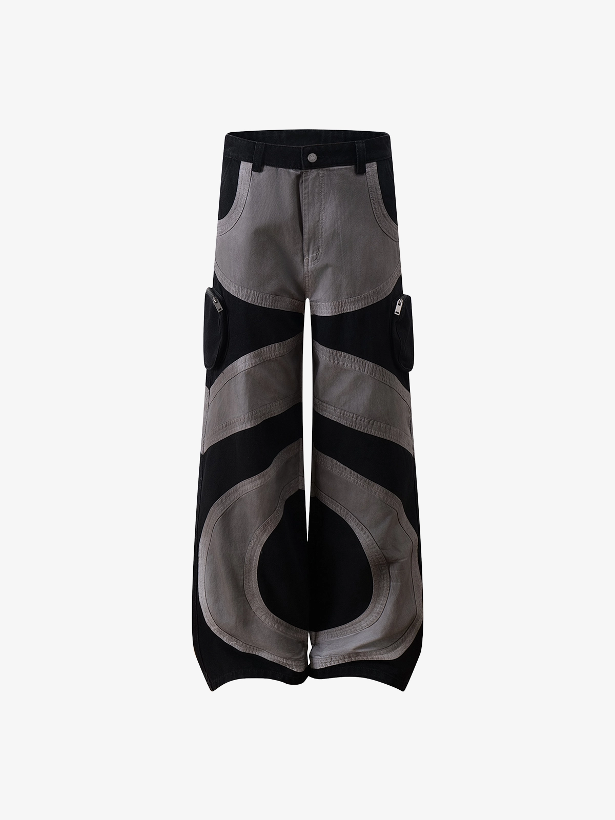 Black-Grey Actchic Colorblock Multi-Layer Patchwork Cargo Pants Front