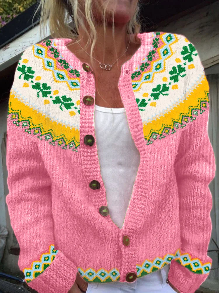 VChics Shamrock Pattern Cozy Fair Isle Knit Cardigan