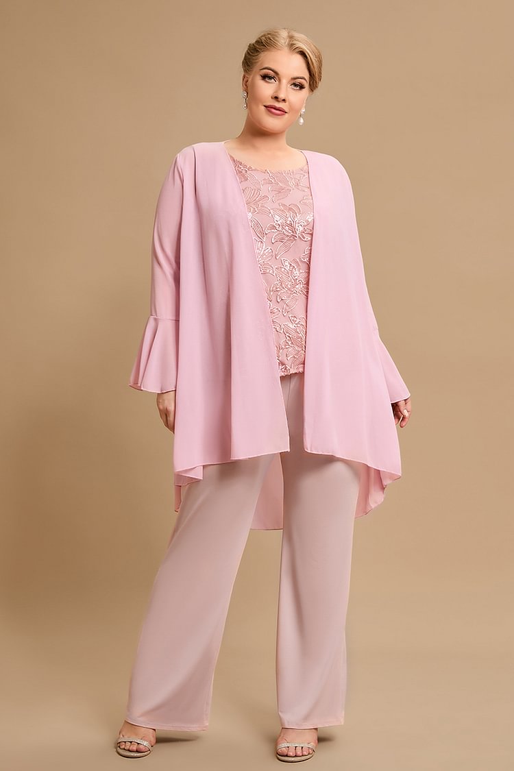 Flycurvy Plus Size Pink Embroidered Floral Sequin Flare Sleeve Three Pieces Set Pant Suits FlyCurvy flycurvy [product_label]