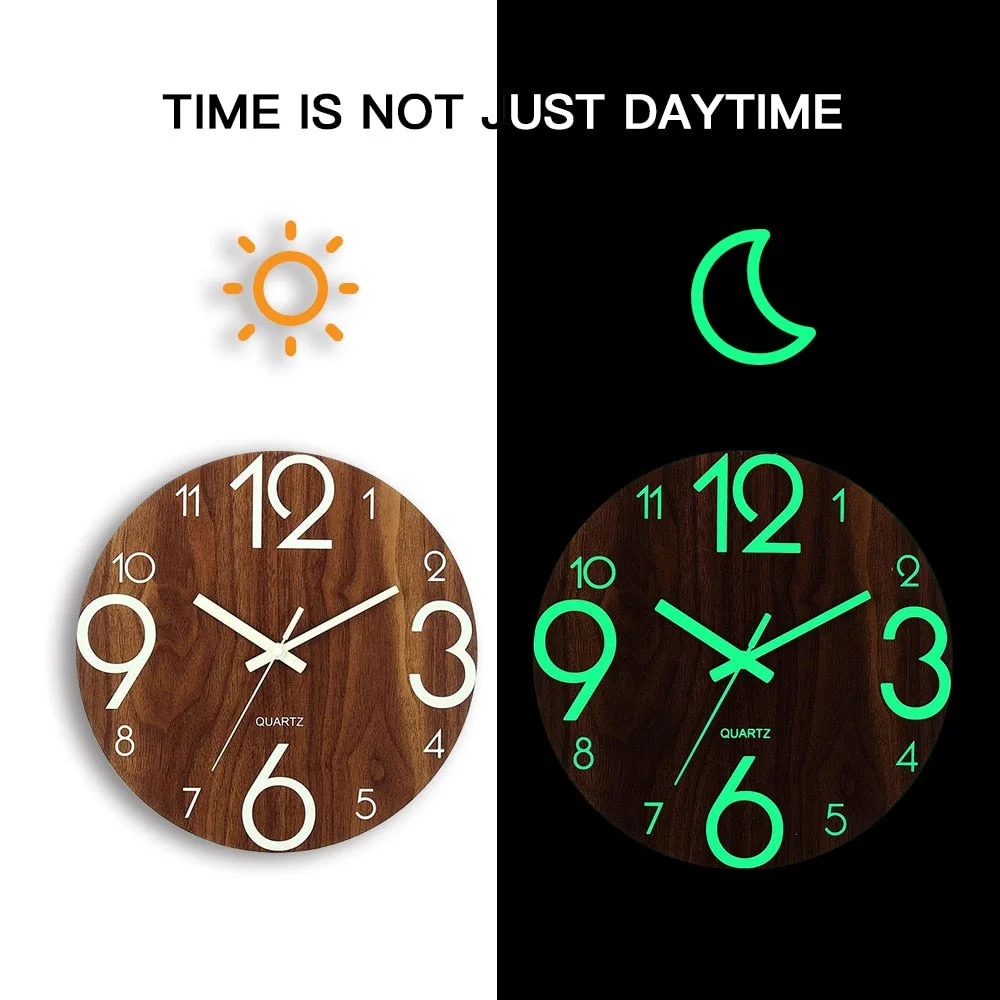 Wooden 3D Wall Clock Modern Design Luminous Number Hanging Clocks Quiet Glowing in Dark Living Room Decoration Wall Watch Silent