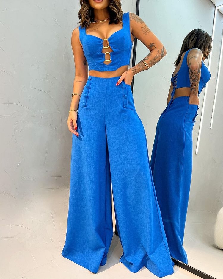 Solid color sleeveless tie two piece set