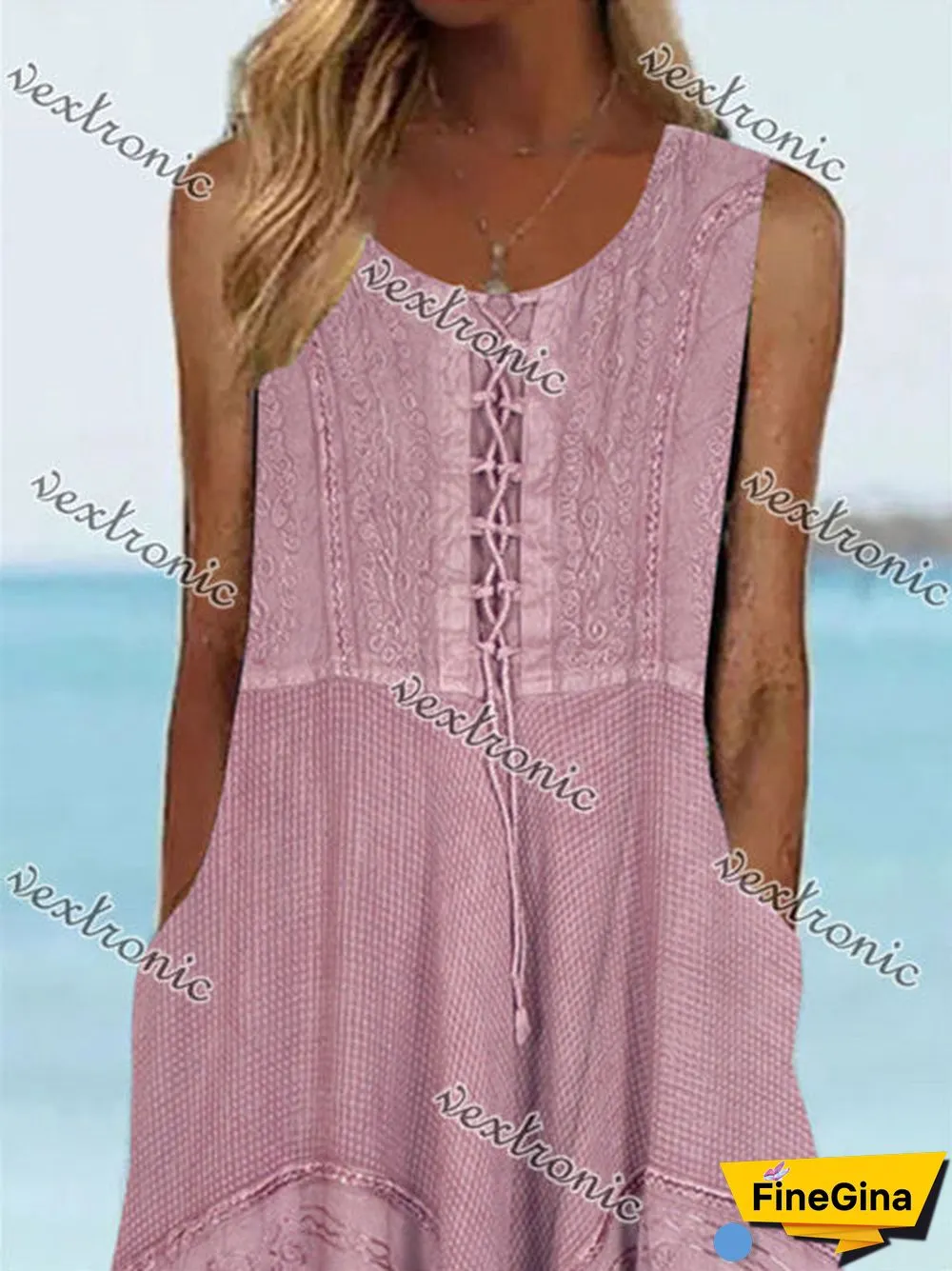 Women's Sleeveless Scoop Neck Pockets Graphic Printed Midi Dress