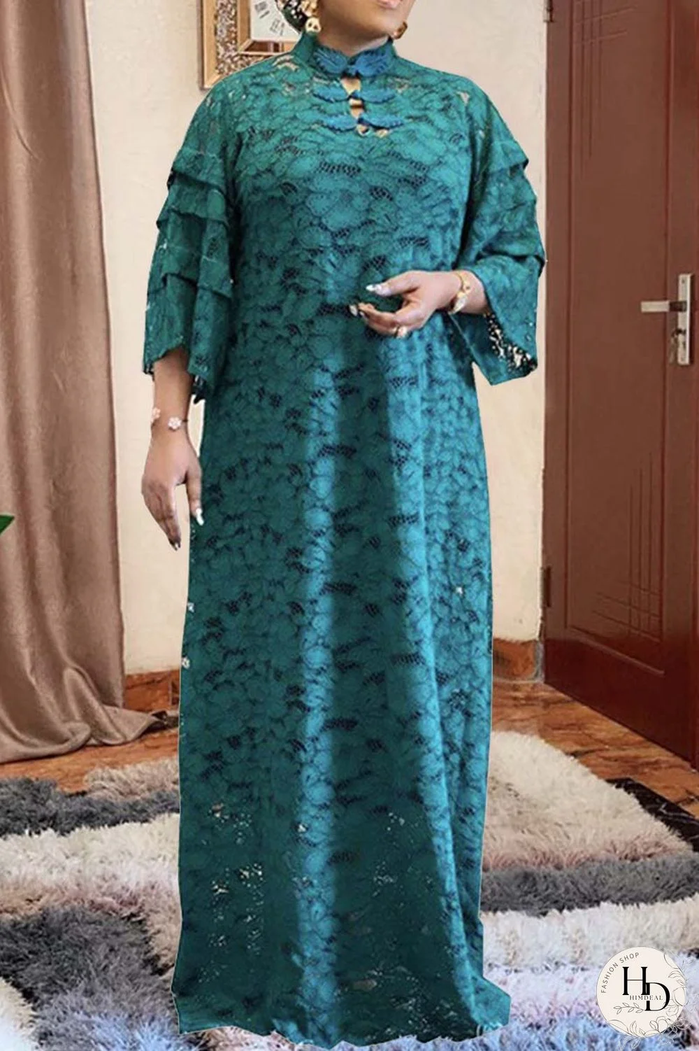 Green Fashion Casual Solid Embroidered Mandarin Collar Plus Size Dress