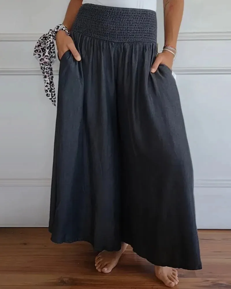 Smocked Waist Denim Wide Leg Palazzo Pants