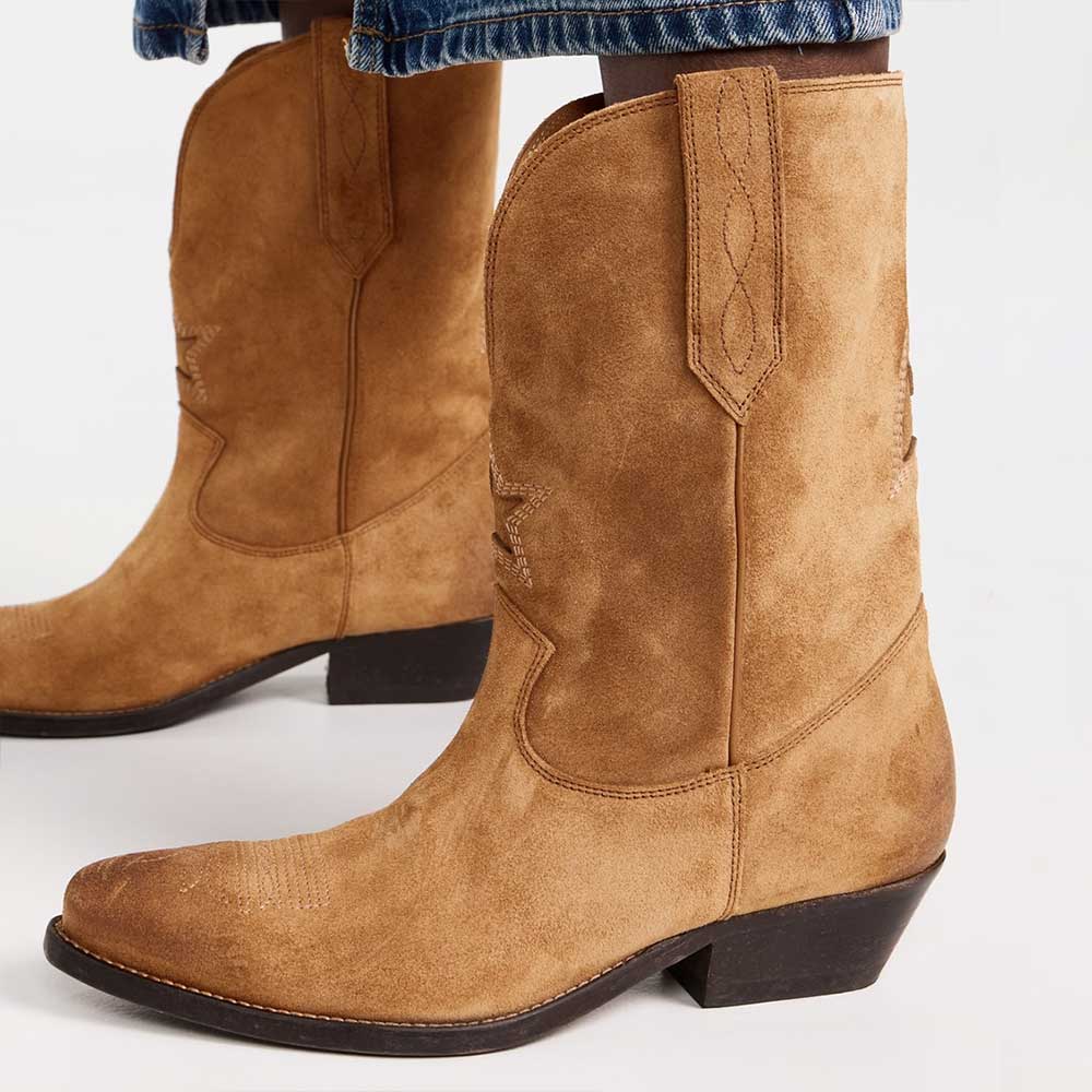 Brown Vegan Suede Snip Toe  Chunky Heel Star Inlay Western Boots Nicepairs