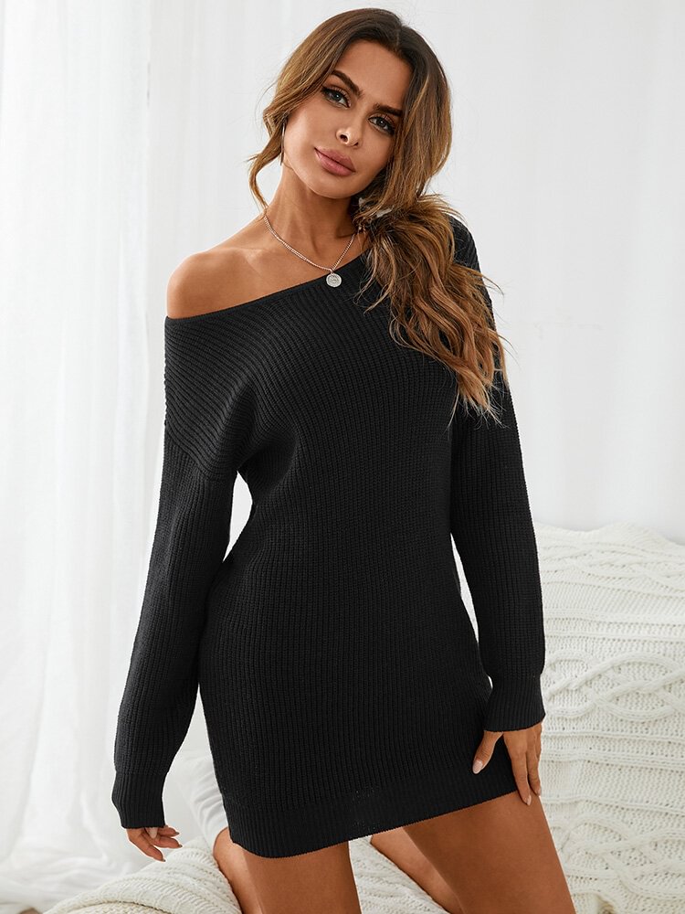 Solid Long Sleeve Crew Neck Casual Sweater Dress