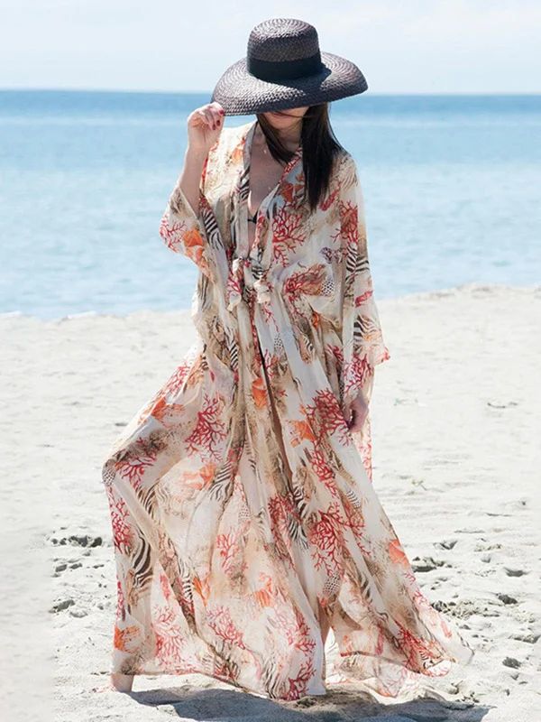 Long Sleeves Floral Printed Chiffon Cardigan Cover-Up Swimwear