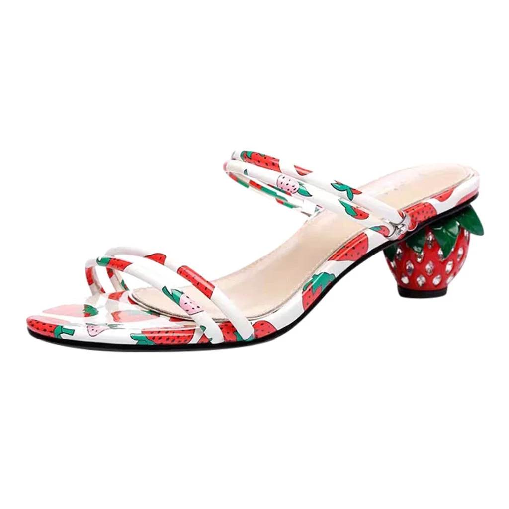 Fashion Women's Ladies Strawberry Printed Beach Party Shoes Summer Open Toe Low Heel Slip-on Crystal Slippers Sandals Shoes#G3