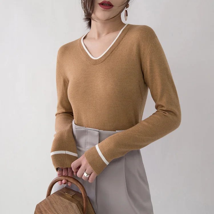 chunky brown knit tops fall fashion V neck knitted blouses Fine  side open sweaters