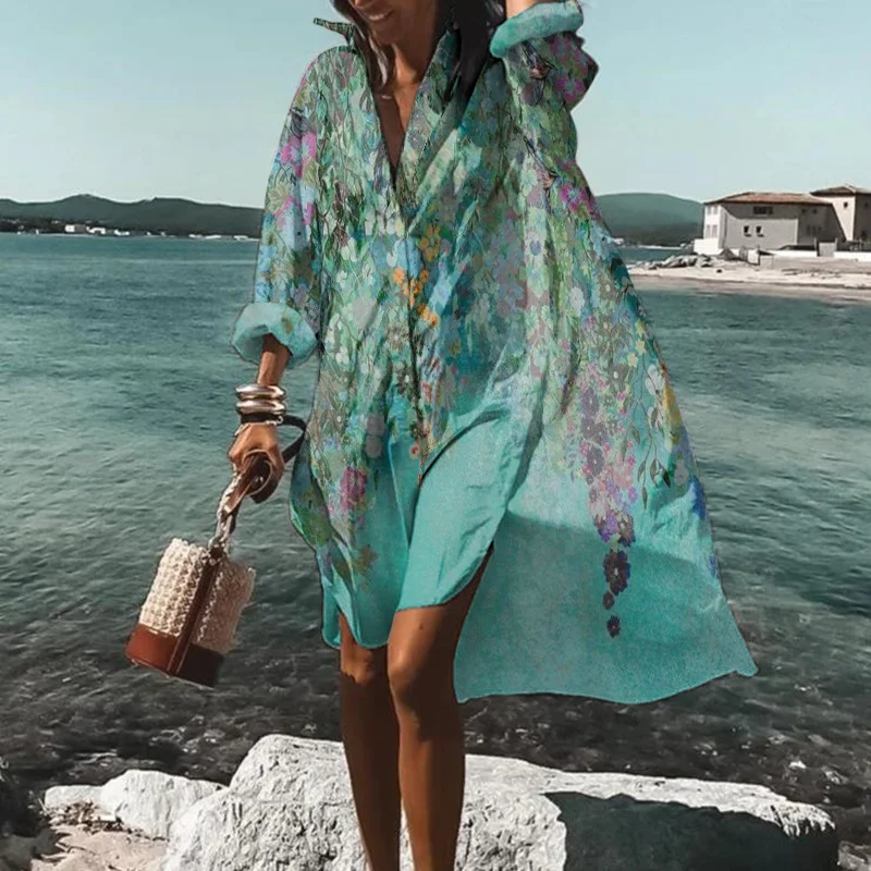 Floral Printed Button Long Sleeve Midi Dress