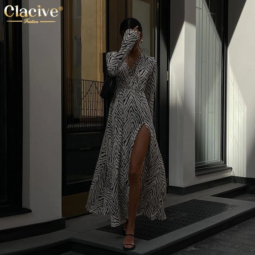 Clacive Sexy V-Neck Print Elegant Dresses For Women Fashion Long Sleeve Slit Midi Dress Female Casual Bodycon Zebra Party Dress