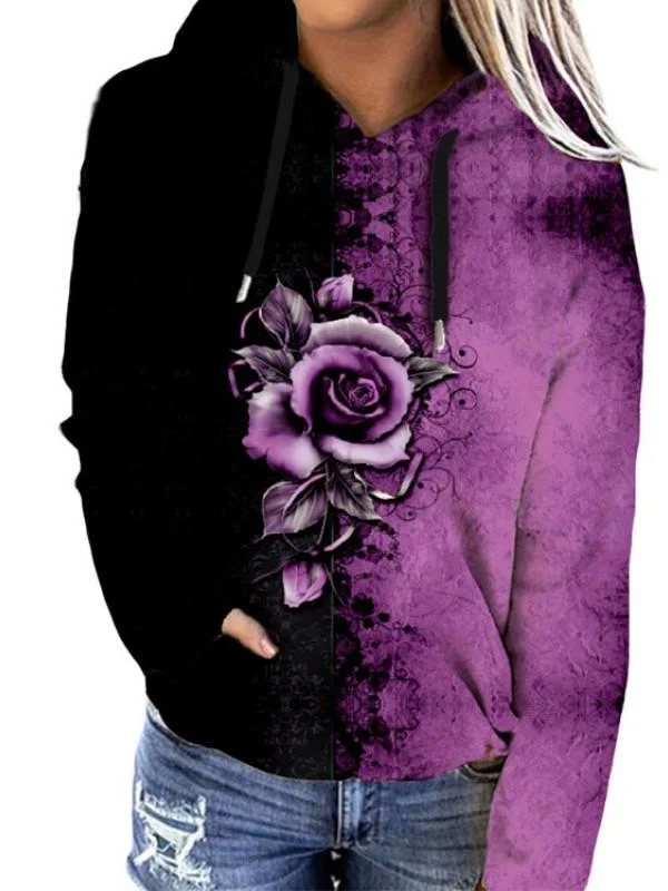 Women Long Sleeve Hooded Floral Printed Graphic Top