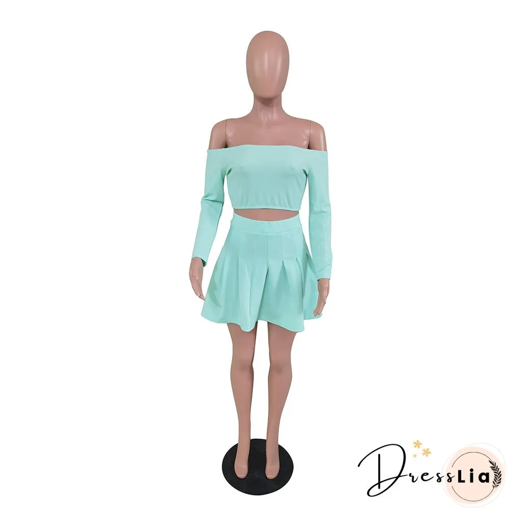 Sexy Off Shoulder Long Sleeve Crop Top Pleated Skirt 2 Piece Set