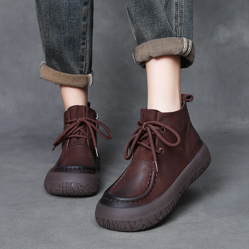 Yyvonne Layer Of Cow Skin Retro Thick-Bottomed Short Boots Women Autumn And Winter New Soft Bottom Low-Bore Martin Boots Casual Leather Boots