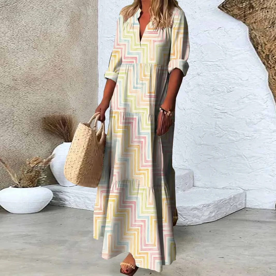 Women Geometric,Colorful DZDN0278 SPU Printed Long Sleeve V-neck Maxi Dress