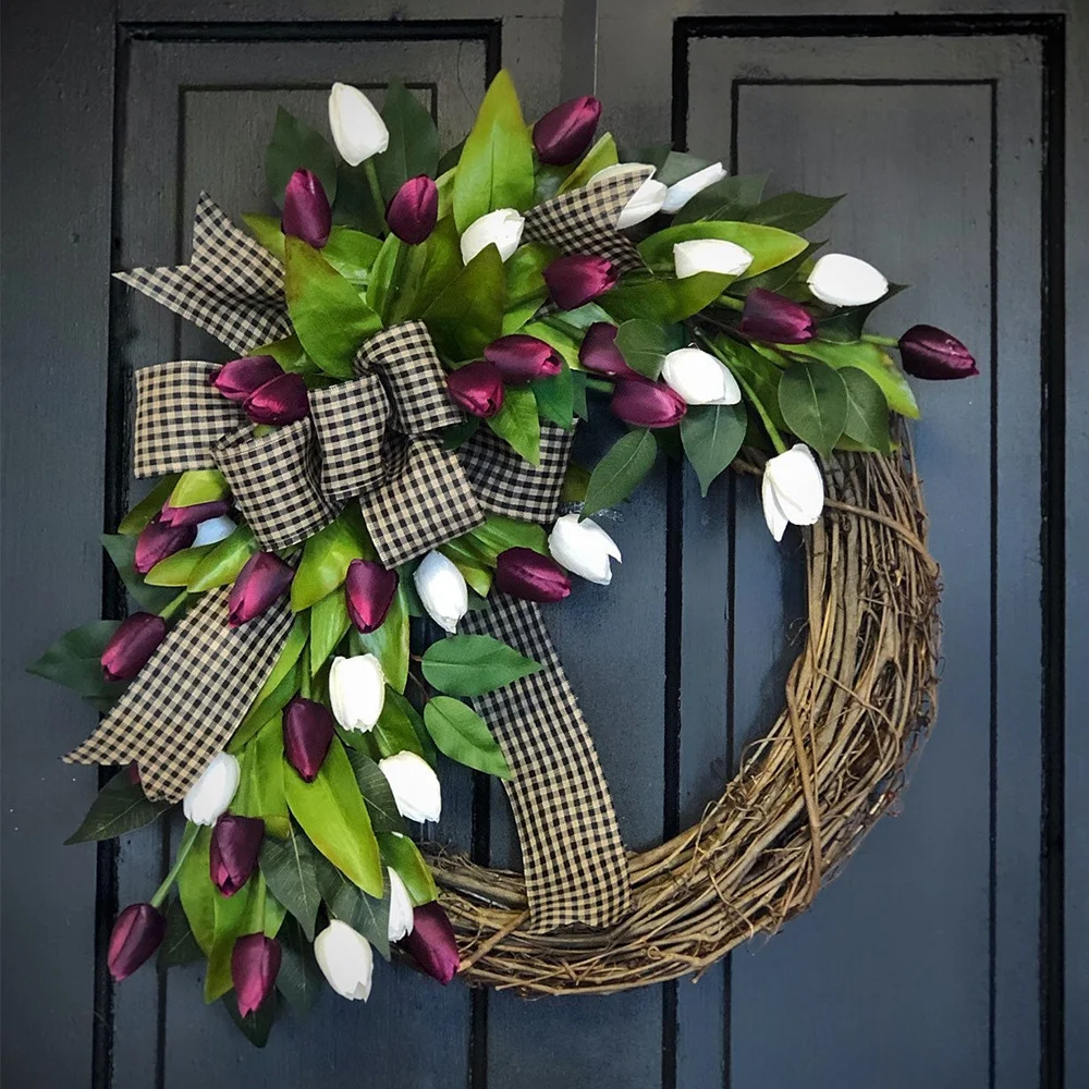 Spring natural rattan circle simulation tulip wreath props decoration