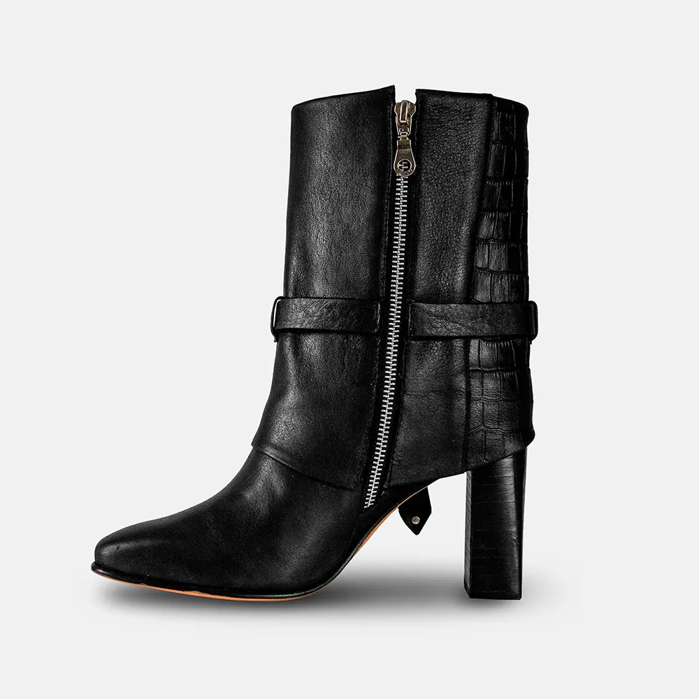 Black Crocodile Print Square Toe Studded Side Zipper Fall Boots Women