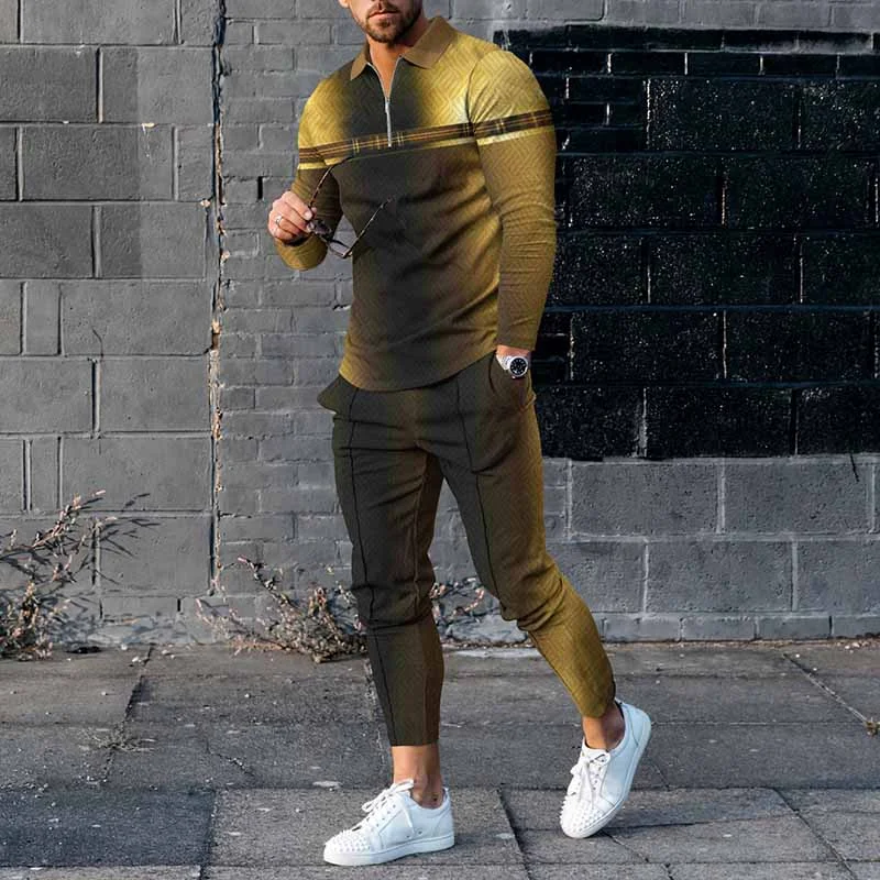 Fashion Black Gold Gradient Printing Polo Shirt And Pants Co-Ord