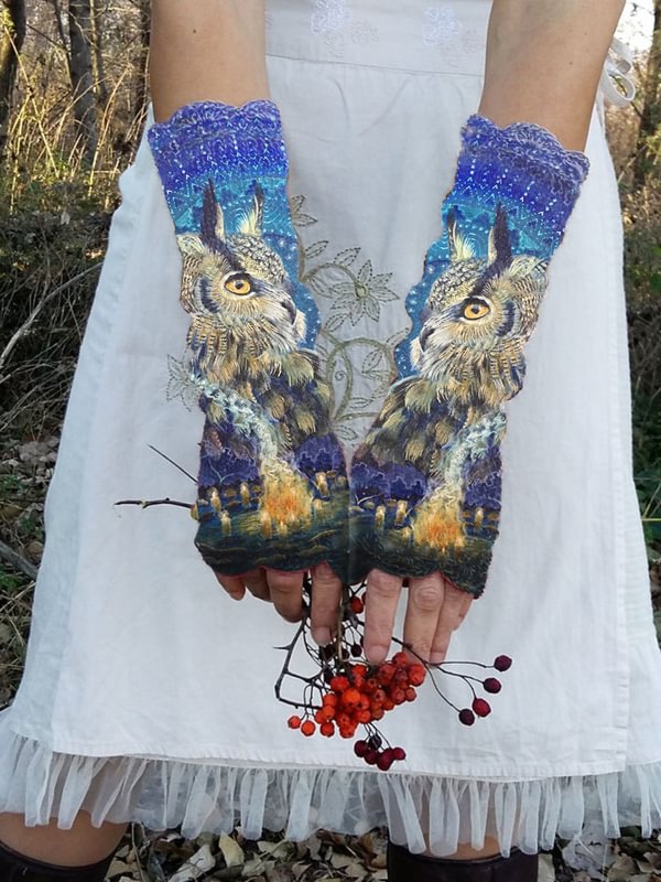 Retro owl printed knit fingerless gloves