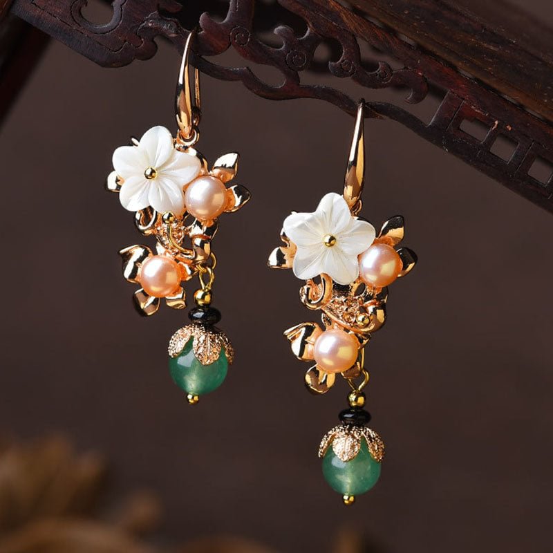 Original Floral Inlaid Jade Pearl Earrings