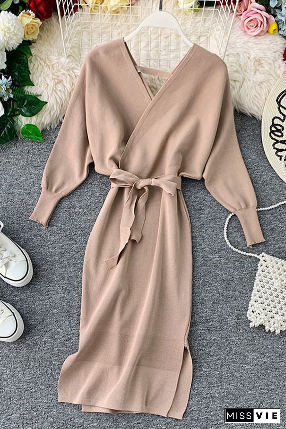 Surplice Wrap Side Slit Sweater Dress