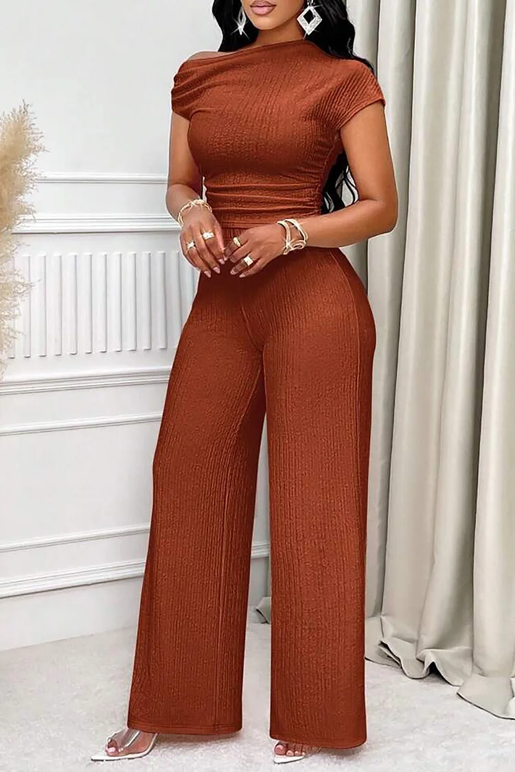 Skew Neck Short Sleeve Top Solid Color Wide Leg Pants Casual 2pcs Set-Brown