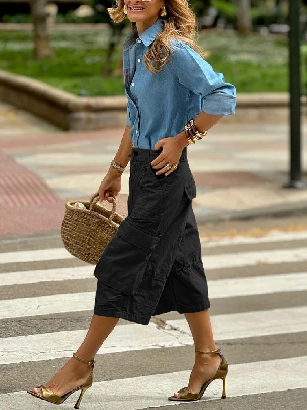 Buttoned Pockets Solid Color Split-Joint Loose Wide Leg Cropped Trousers Capri-Pants