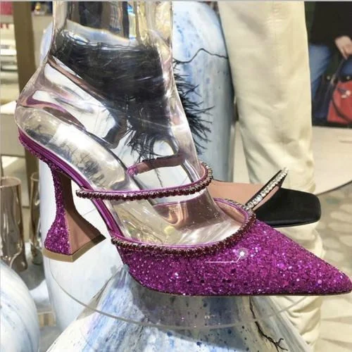 European and American Popular 2020 Summer New Dazzling Pink Crystal Sequined Spool Heels Pointed High Heels Women Slippers