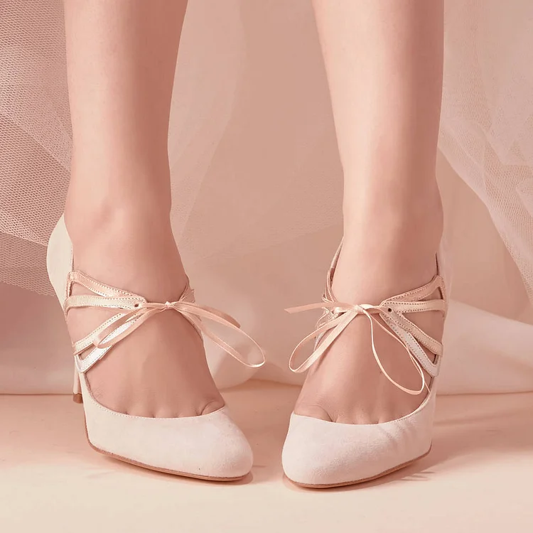 Ivory Bridal Heels Lace up Vegan Suede Stiletto Heel Pumps for Wedding |FSJ Shoes