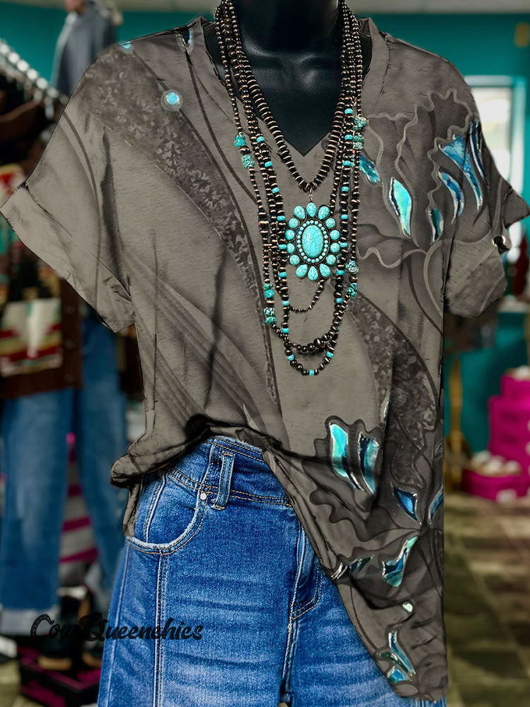 Vintage Flowers Print V-neck Casual T-Shirt Multicolor / S