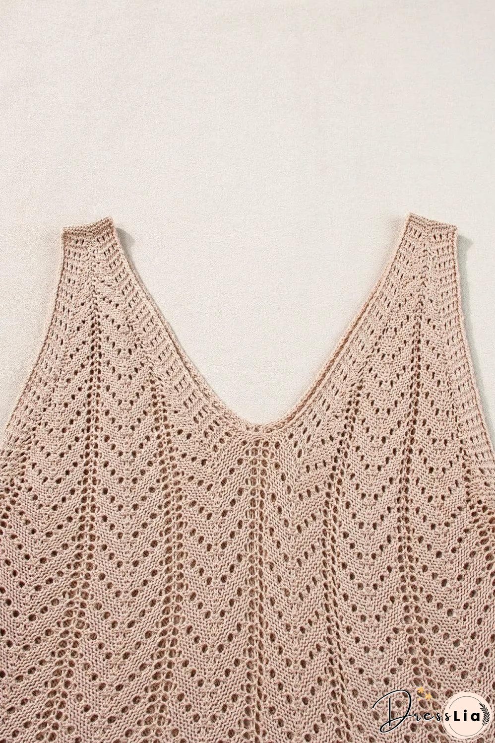 Pale Khaki Scalloped Hem V Neck Crochet Knit Vest