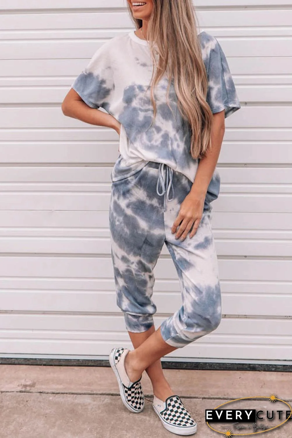 Tie-dyed Short Sleeve Top and Elastic Waist Pants Set