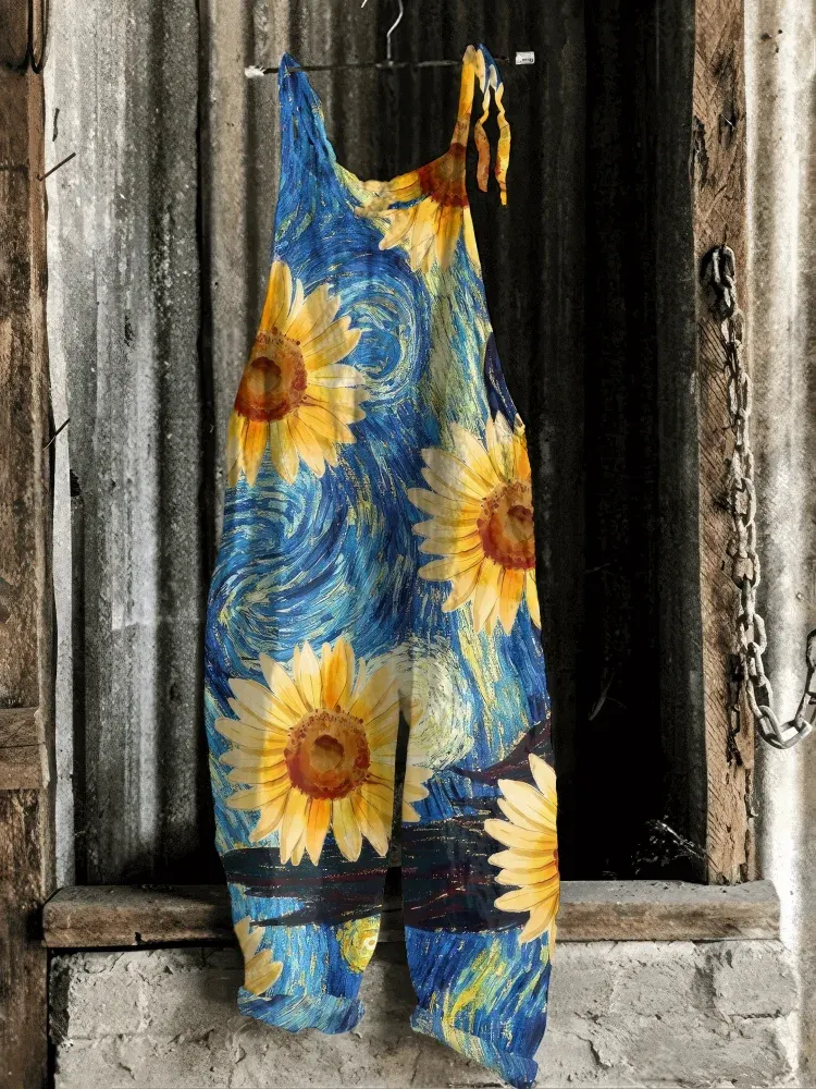 Vintage Sunflower Van Gogh Print Casual Jumpsuit