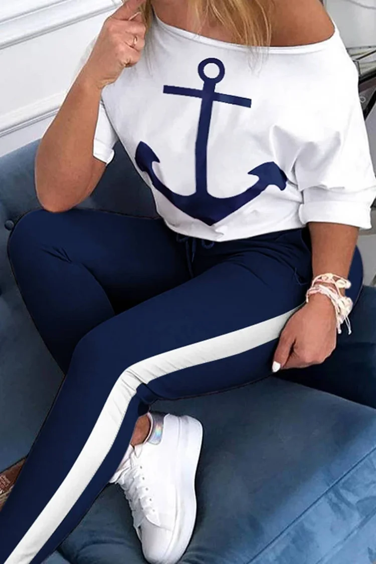 Skew Neck Anchor Print Two-Piece