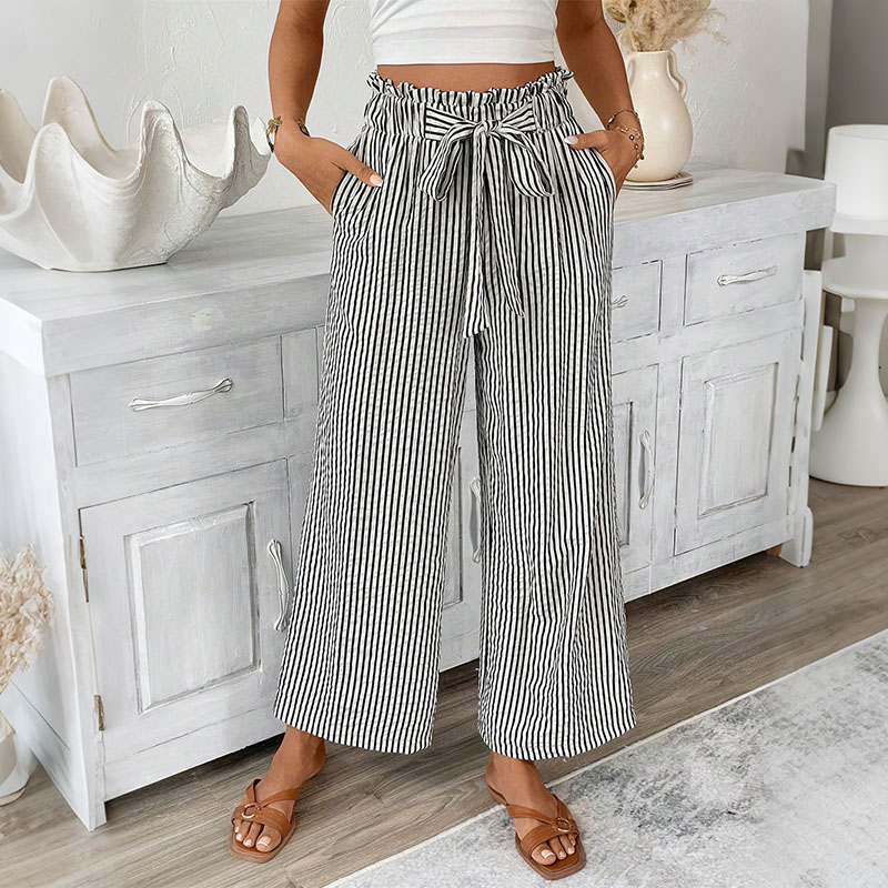Comstylish Casual Bud Waistband Striped Straight Linen Pants