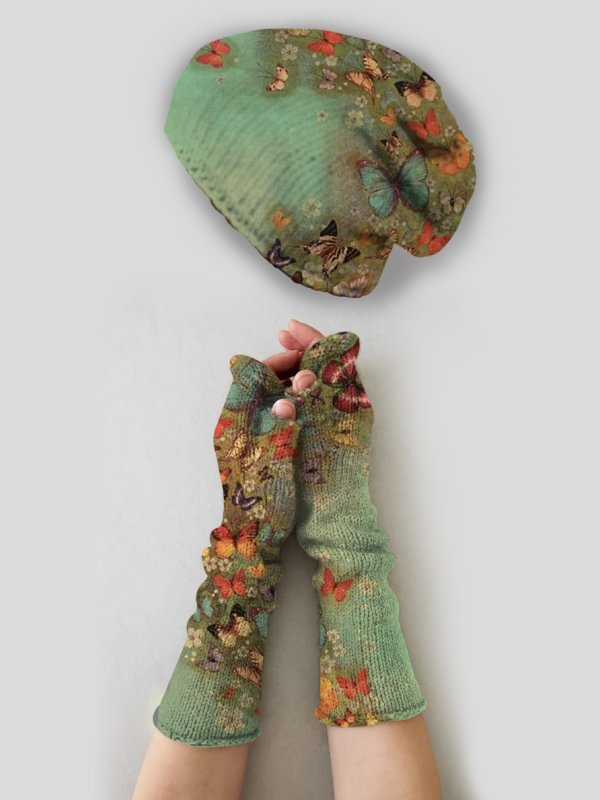 Vintage butterfly print knitted hat + fingerless gloves set