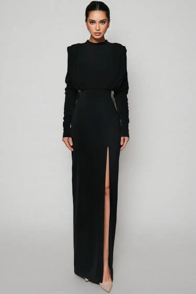 Irene High Neck Slit Maxi Dress-Black