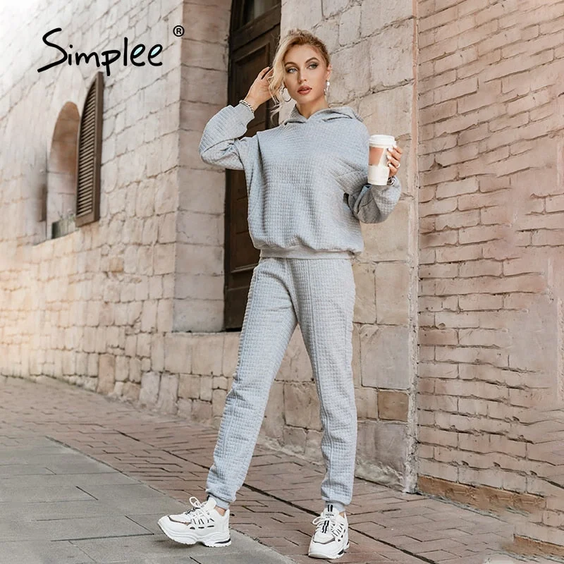 Simplee Casual pocket hooded tracksuit Office elastic soft drop sleeves sweatshirt pant sets Sportwear hoodie two-piece set 2022